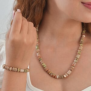 EverTrue Unakite 365.00 ctw Beaded Stretch Bracelet and Necklace 20 Inches in Platinum Bond
