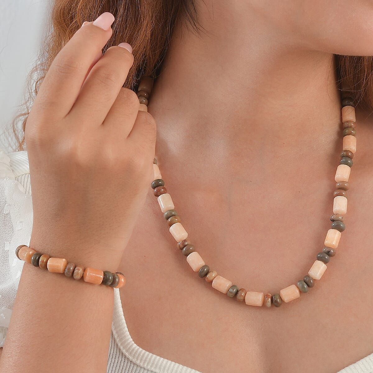 EverTrue Picasso Jasper 375.00 ctw Beaded Stretch Bracelet and Necklace 20 Inches in Platinum Bond image number 2