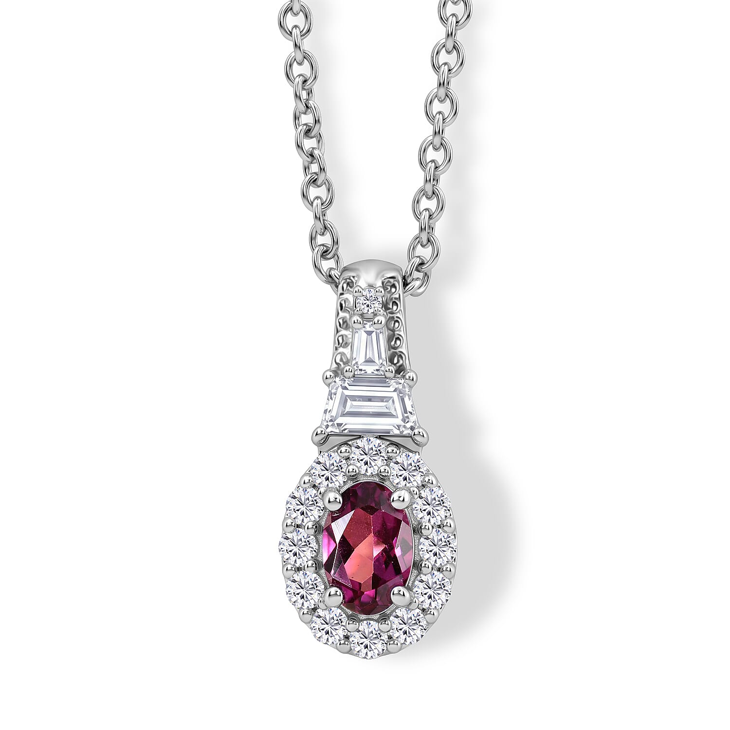 D'Joy Premium Radiant Ember Garnet and White Zircon 1.10 ctw Vintage Medallion Collection Pendant in Rhodium Over Sterling Silver with Stainless Steel Necklace (20 Inches)