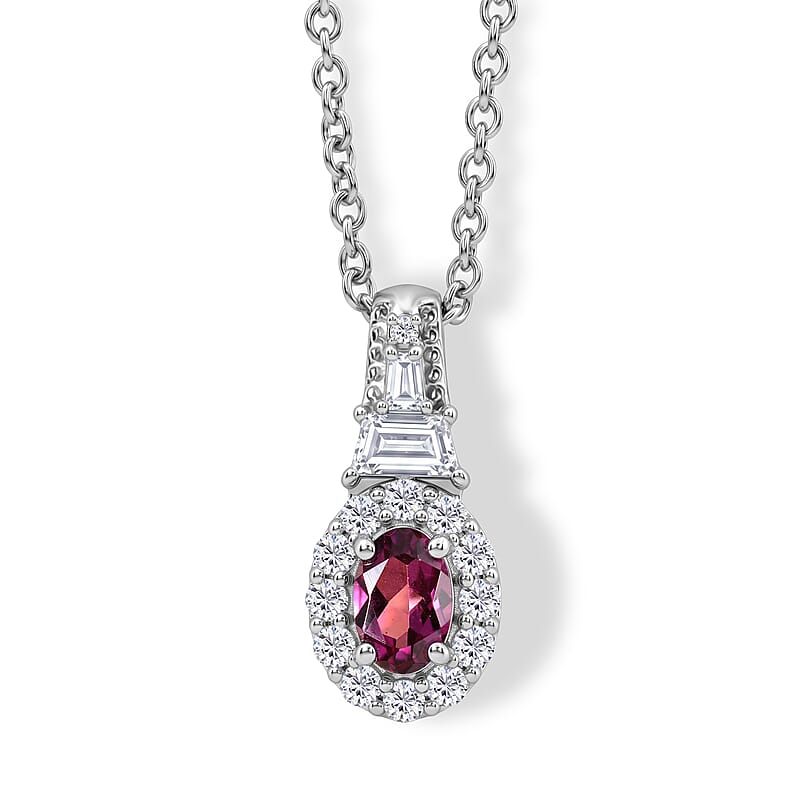 D'Joy Premium Radiant Ember Garnet and White Zircon 1.10 ctw Vintage Medallion Collection Pendant in Rhodium Over Sterling Silver with Stainless Steel Necklace (20 Inches)