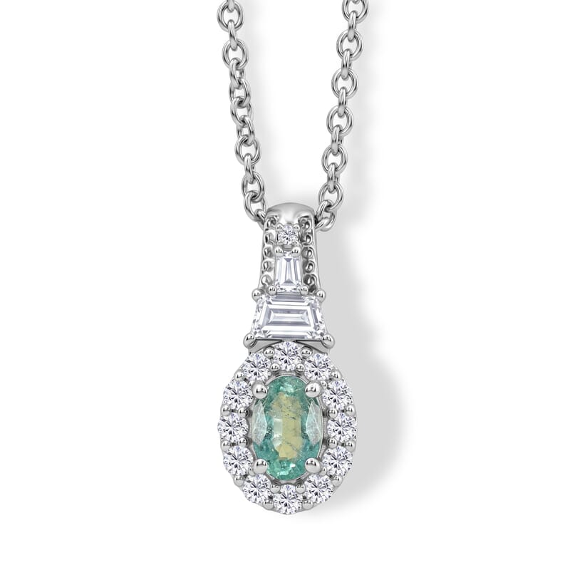 D'Joy Premium Kagem Zambian Emerald and White Zircon 0.90 ctw Vintage Medallion Collection Pendant in Rhodium Over Sterling Silver with Stainless Steel Necklace (20 Inches)