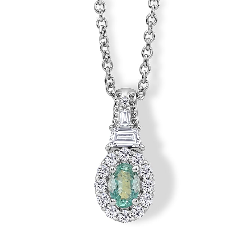 D'Joy Premium Kagem Zambian Emerald and White Zircon 0.90 ctw Vintage Medallion Collection Pendant in Rhodium Over Sterling Silver with Stainless Steel Necklace (20 Inches)