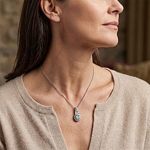 D'Joy Premium Kagem Zambian Emerald and White Zircon 0.90 ctw Vintage Medallion Collection Pendant in Rhodium Over Sterling Silver with Stainless Steel Necklace (20 Inches)
