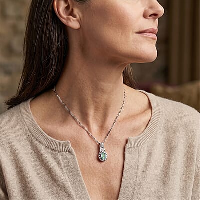D'Joy Premium Kagem Zambian Emerald and White Zircon 0.90 ctw Vintage Medallion Collection Pendant in Rhodium Over Sterling Silver with Stainless Steel Necklace (20 Inches)