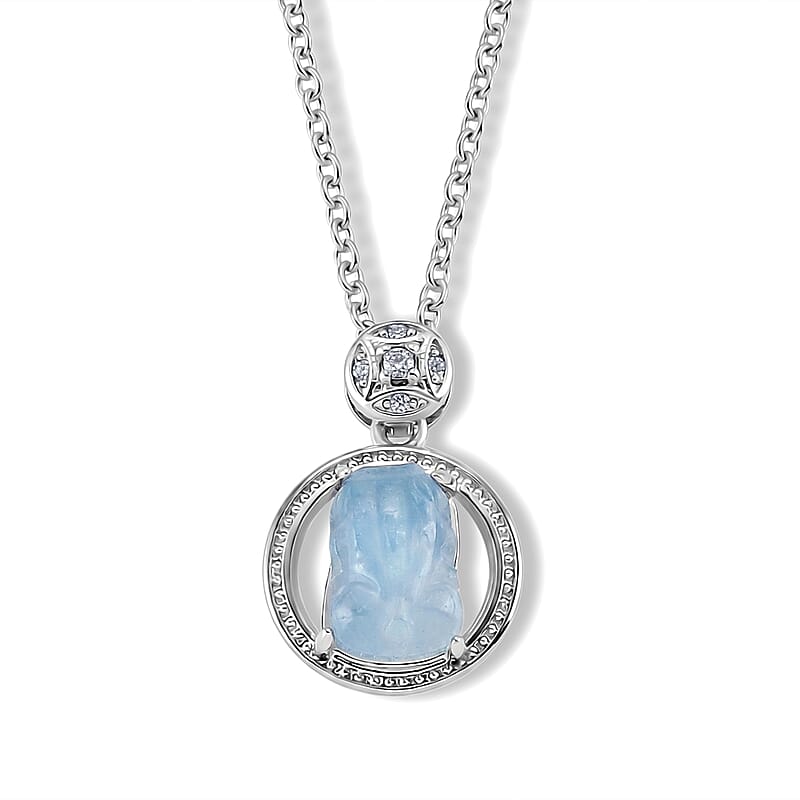 Aquamarine and Simulated Diamond 0.85 ctw Pendant in Silvertone with Stainless Steel Necklace (20 Inches)