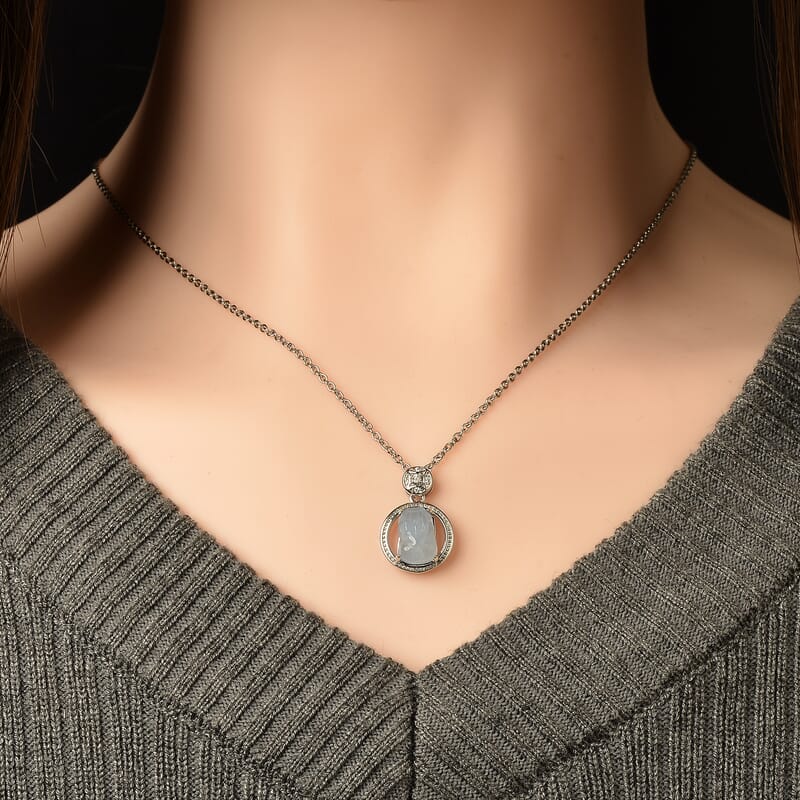 Aquamarine and Simulated Diamond 0.85 ctw Pendant in Silvertone with Stainless Steel Necklace (20 Inches)