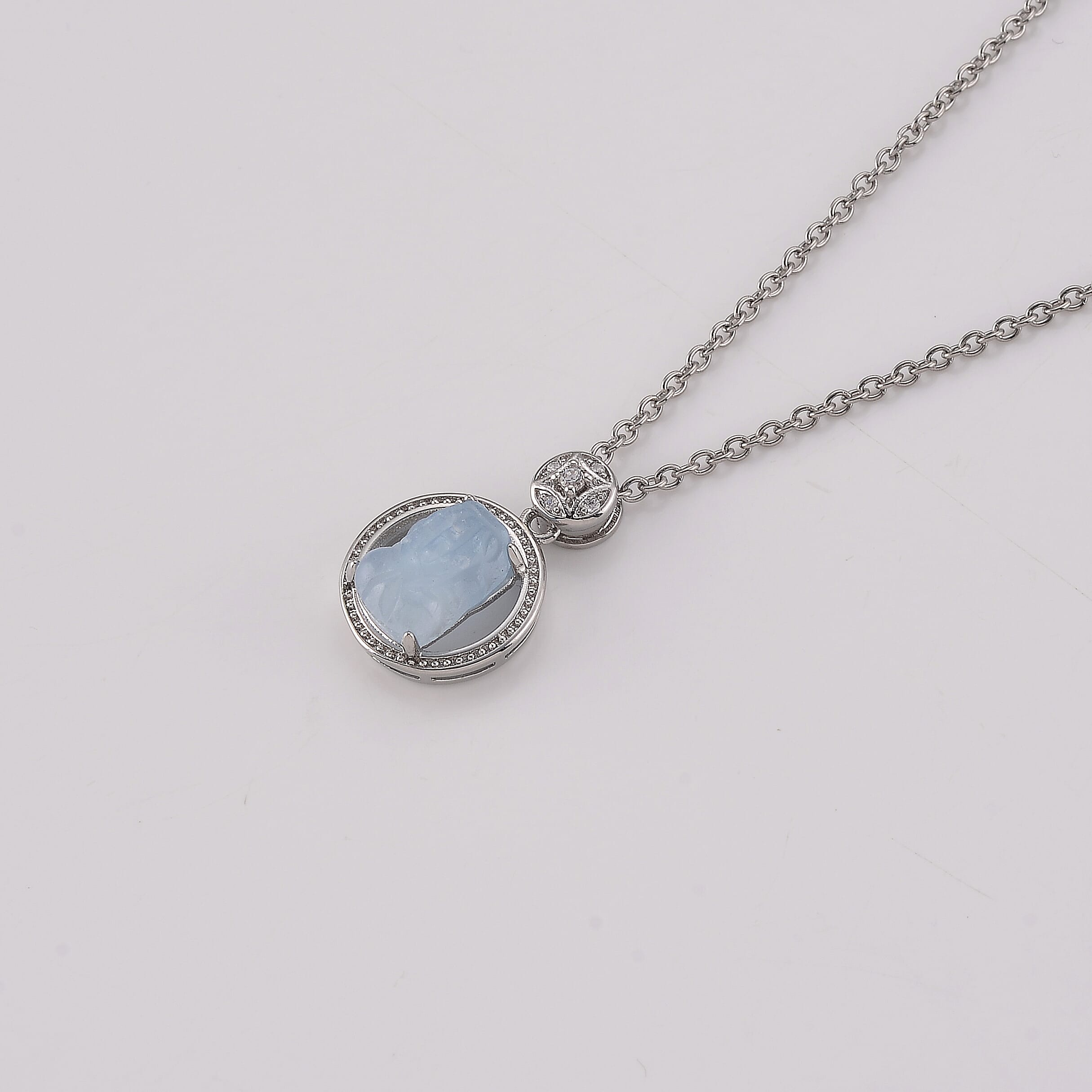 Aquamarine and Simulated Diamond 0.85 ctw Pendant in Silvertone with Stainless Steel Necklace (20 Inches)