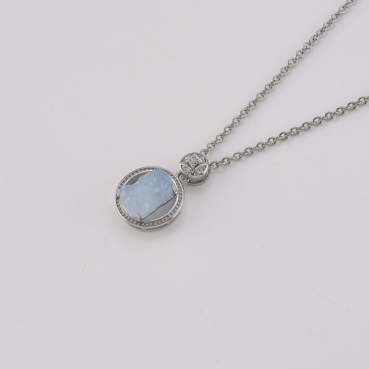 Aquamarine and Simulated Diamond 0.85 ctw Pendant in Silvertone with Stainless Steel Necklace (20 Inches) image number 2