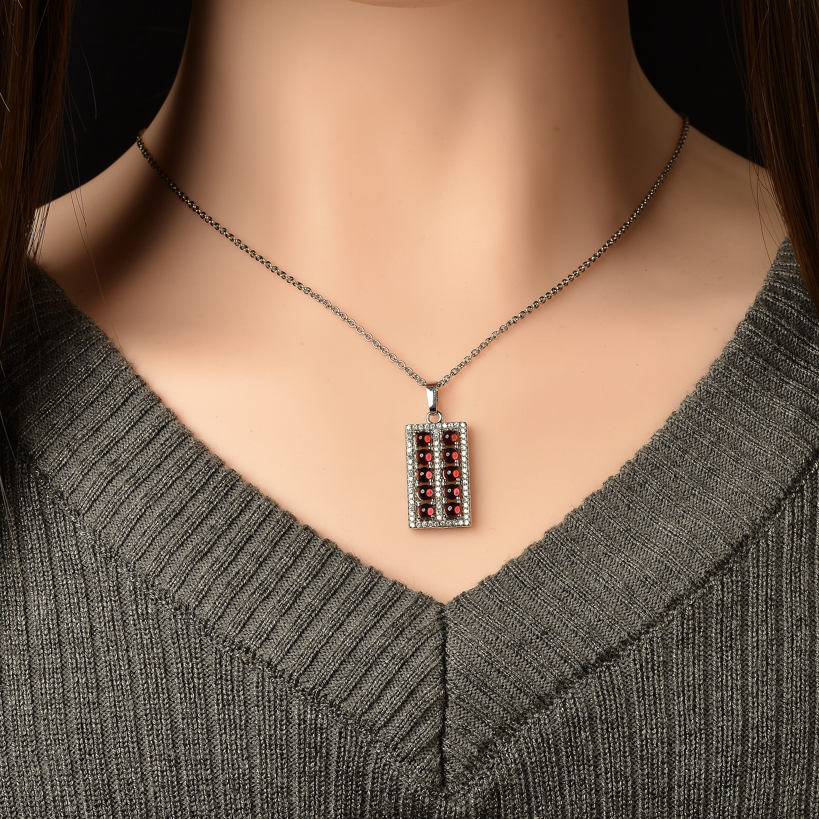 Mozambique Garnet and Simulated Diamond 1.30 ctw Pendant in Silvertone with Stainless Steel Necklace (20 Inches)