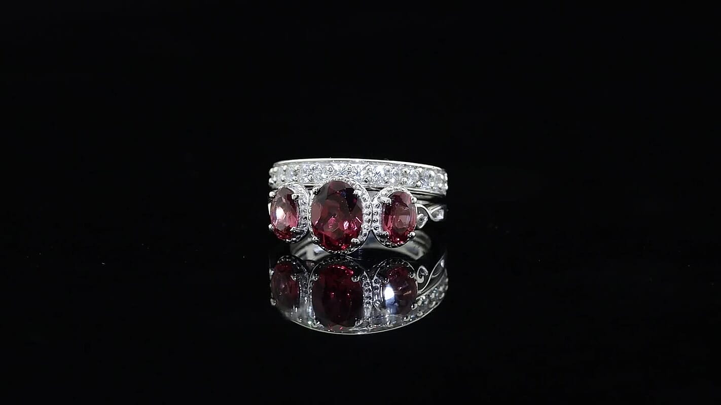 D''Joy Tanzanian Wine Garnet and White Zircon 3.40 ctw Set of 2 Ring in Rhodium Over Sterling Silver (Size 6.00)