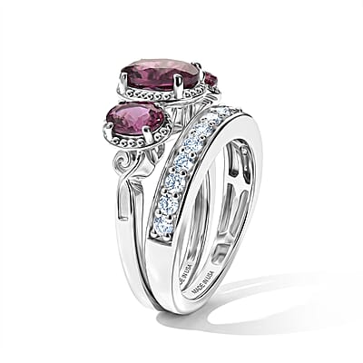 D'Joy Tanzanian Wine Garnet and White Zircon 3.40 ctw Set of 2 Ring in Rhodium Over Sterling Silver (Size 6.00)