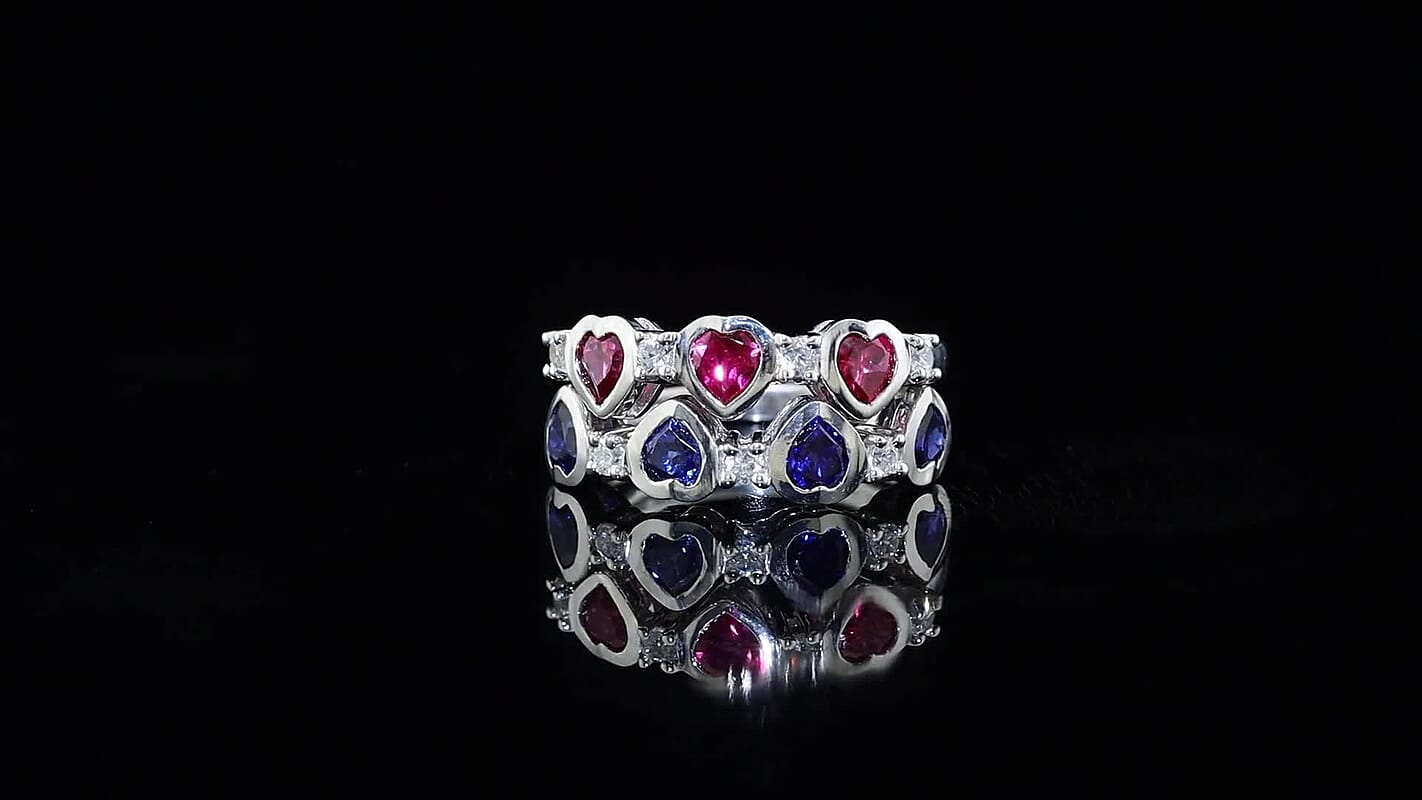 D''Joy Lab Grown Ceylon Blue Sapphire and Multi Gemstone 2.85 ctw Set of 2 Ring in Rhodium Over Sterling Silver (Size 6.00)
