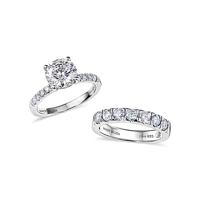 D'Joy 120 Faceted Moissanite 2.75 ctw Set of 2 Ring in Rhodium Over Sterling Silver (Size 6.00)