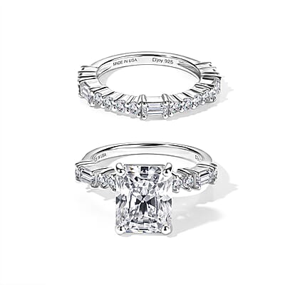 D'Joy Radiant Cut Moissanite 4.85 ctw Set of 2 Ring in Rhodium Over Sterling Silver (Size 6.00)