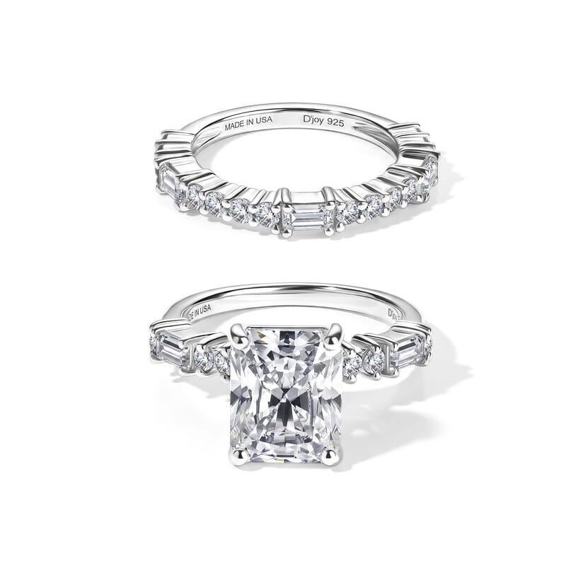 D'Joy Radiant Cut Moissanite 4.85 ctw Set of 2 Ring in Rhodium Over Sterling Silver (Size 6.00)