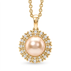 EverTrue Pink Freshwater Pearl and White Zircon 0.50 ctw Crown of Light Pendant in 18K YG Plated with ION Plated YG Stainless Steel Necklace 20 Inches