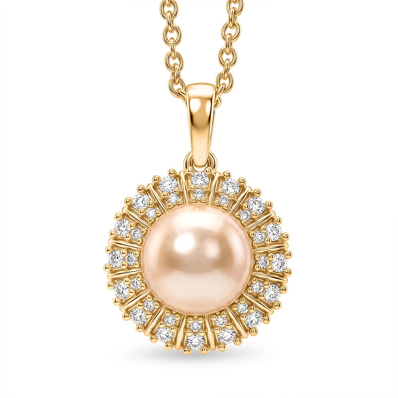 EverTrue Pink Freshwater Pearl and White Zircon 0.50 ctw Crown of Light Pendant in 18K YG Plated with ION Plated YG Stainless Steel Necklace 20 Inches