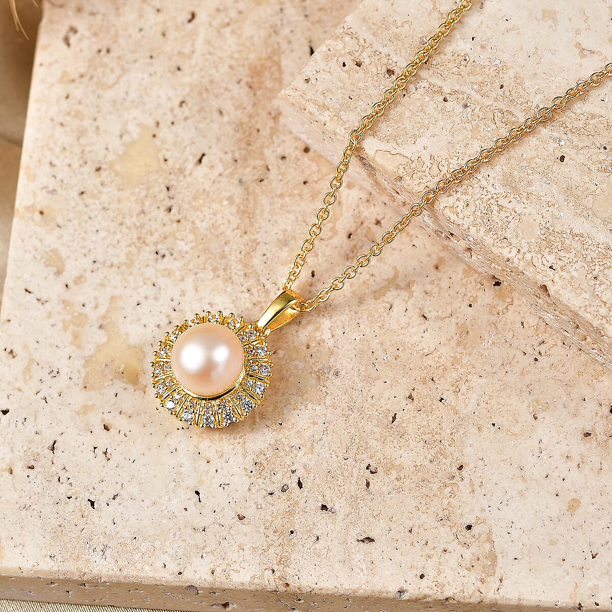 EverTrue Pink Freshwater Pearl and White Zircon 0.50 ctw Crown of Light Pendant in 18K YG Plated with ION Plated YG Stainless Steel Necklace 20 Inches image number 1