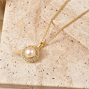 EverTrue Pink Freshwater Pearl and White Zircon 0.50 ctw Crown of Light Pendant in 18K YG Plated with ION Plated YG Stainless Steel Necklace 20 Inches