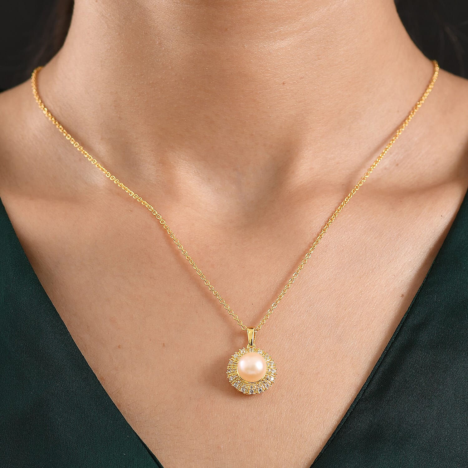 EverTrue Pink Freshwater Pearl and White Zircon 0.50 ctw Crown of Light Pendant in 18K YG Plated with ION Plated YG Stainless Steel Necklace 20 Inches