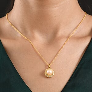 EverTrue Pink Freshwater Pearl and White Zircon 0.50 ctw Crown of Light Pendant in 18K YG Plated with ION Plated YG Stainless Steel Necklace 20 Inches