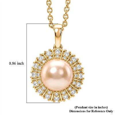 EverTrue Pink Freshwater Pearl and White Zircon 0.50 ctw Crown of Light Pendant in 18K YG Plated with ION Plated YG Stainless Steel Necklace 20 Inches