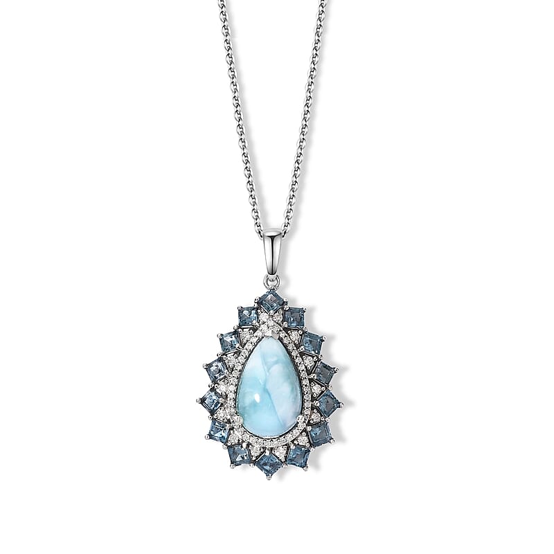 D'Joy AAA Larimar and Multi Gemstone 11.00 ctw Pendant Necklace (20 Inches) in Rhodium Over Sterling Silver