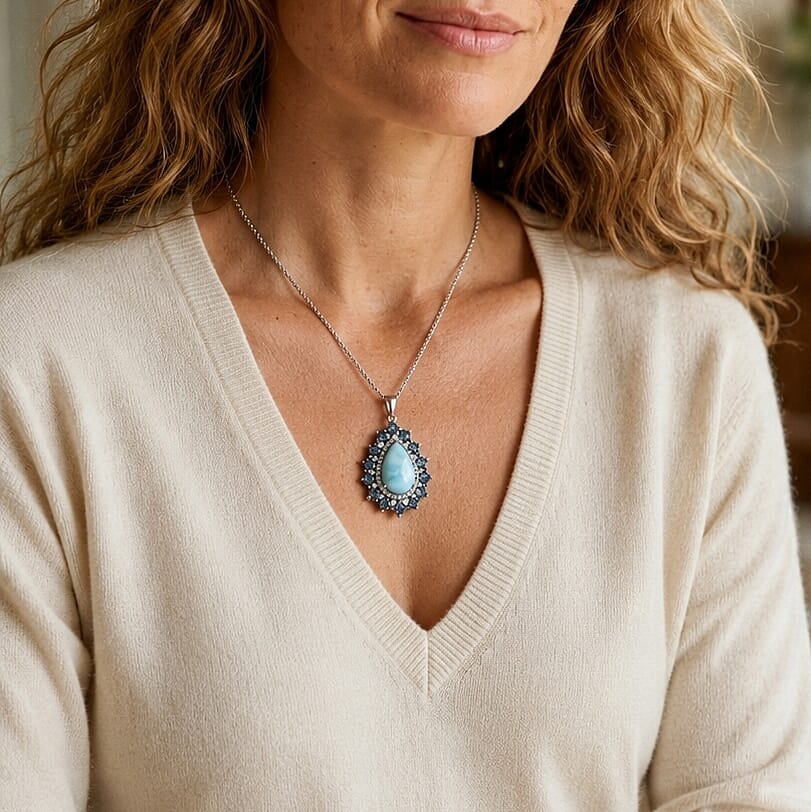 D'Joy AAA Larimar and Multi Gemstone 11.00 ctw Pendant Necklace (20 Inches) in Rhodium Over Sterling Silver