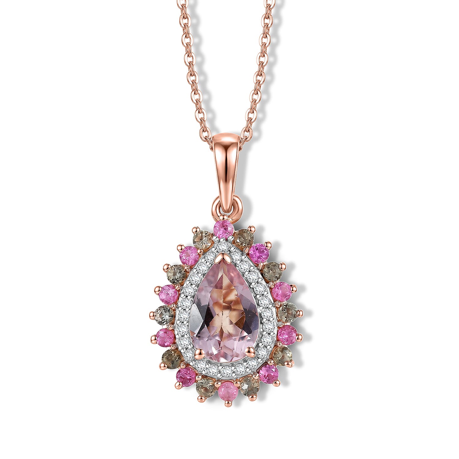 D'Joy Premium Pink Morganite and Multi Gemstone 1.90 ctw Blush Mist Floral Pendant Necklace (20 Inches) in 18K Vermeil RG Over Sterling Silver