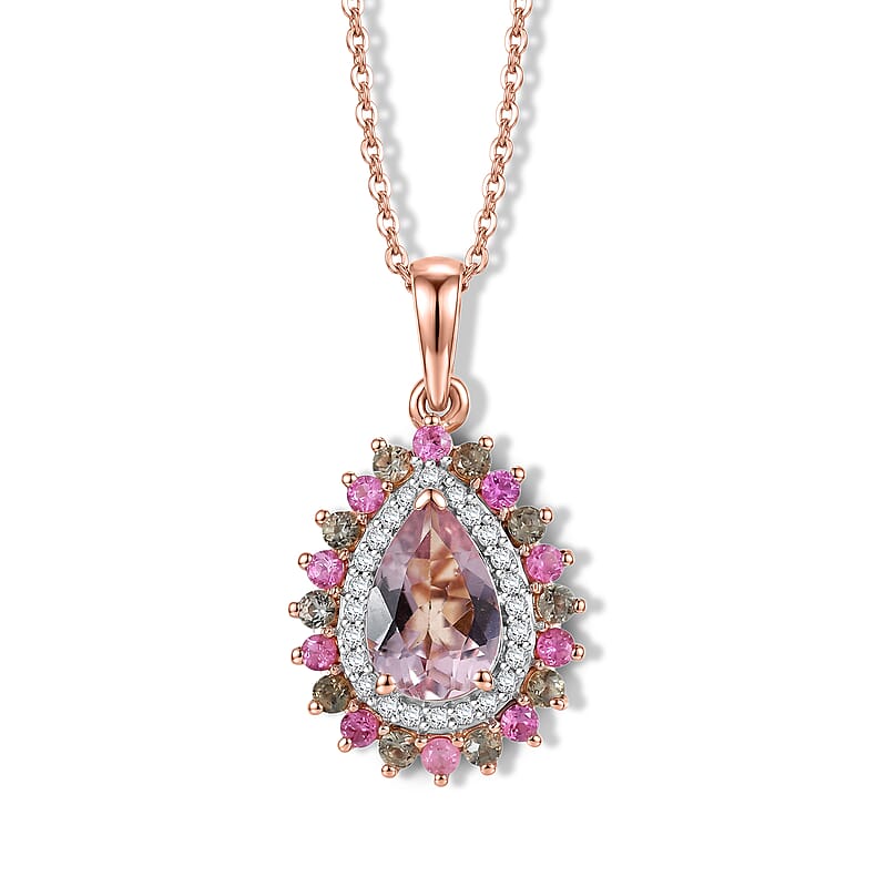 D'Joy Premium Pink Morganite and Multi Gemstone 1.90 ctw Blush Mist Floral Pendant Necklace (20 Inches) in 18K Vermeil RG Over Sterling Silver