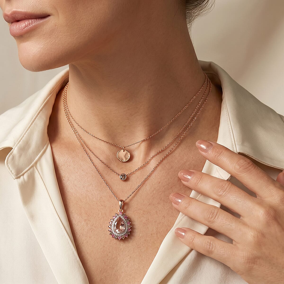 D'Joy Premium Pink Morganite and Multi Gemstone 1.90 ctw Blush Mist Floral Pendant Necklace (20 Inches) in 18K Vermeil RG Over Sterling Silver image number 2