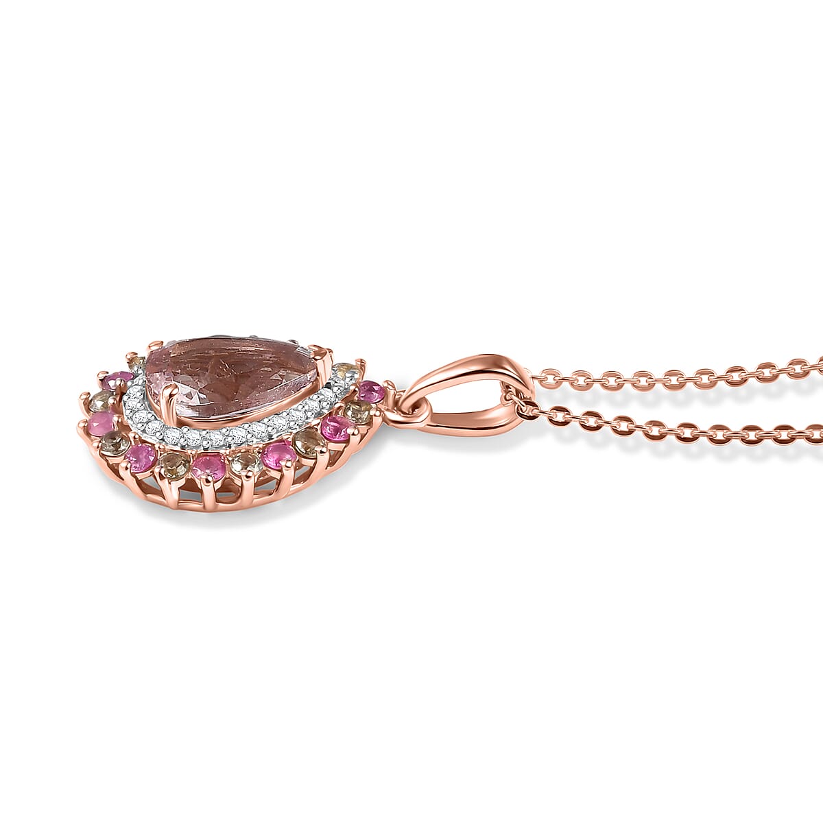 D'Joy Premium Pink Morganite and Multi Gemstone 1.90 ctw Blush Mist Floral Pendant Necklace (20 Inches) in 18K Vermeil RG Over Sterling Silver image number 3