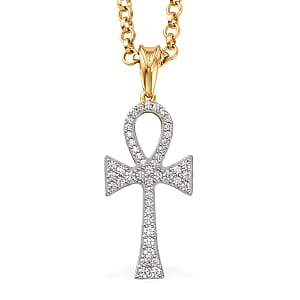 D'Joy Moissanite 0.40 ctw Ankh Cross Men's Pendant Necklace in 18K Vermeil Yellow Gold Over Sterling Silver 24 Inches