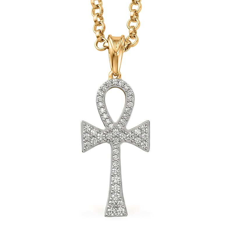 D'Joy Moissanite 0.40 ctw Ankh Cross Men's Pendant Necklace in 18K Vermeil Yellow Gold Over Sterling Silver 24 Inches