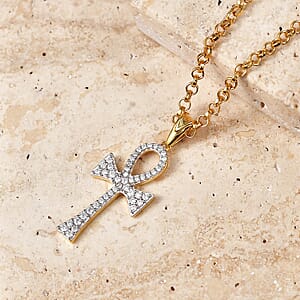 D'Joy Moissanite 0.40 ctw Ankh Cross Men's Pendant Necklace in 18K Vermeil Yellow Gold Over Sterling Silver 24 Inches