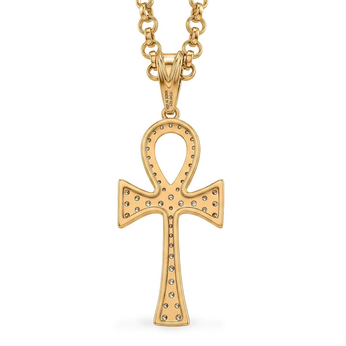 D'Joy Moissanite 0.40 ctw Ankh Cross Men's Pendant Necklace in 18K Vermeil Yellow Gold Over Sterling Silver 24 Inches
