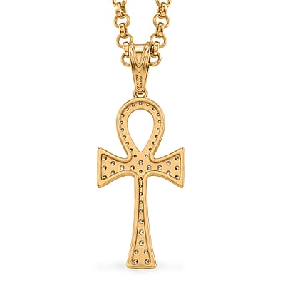 D'Joy Moissanite 0.40 ctw Ankh Cross Men's Pendant Necklace in 18K Vermeil Yellow Gold Over Sterling Silver 24 Inches