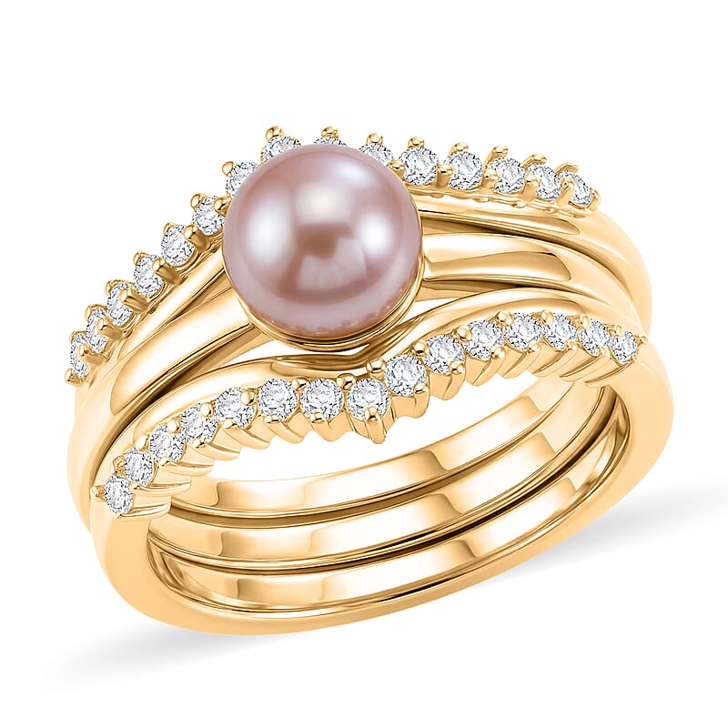 EverTrue Pink Freshwater Pearl and White Zircon 0.60 ctw Bridal Ring in 18K YG Plated (Size 5.0)