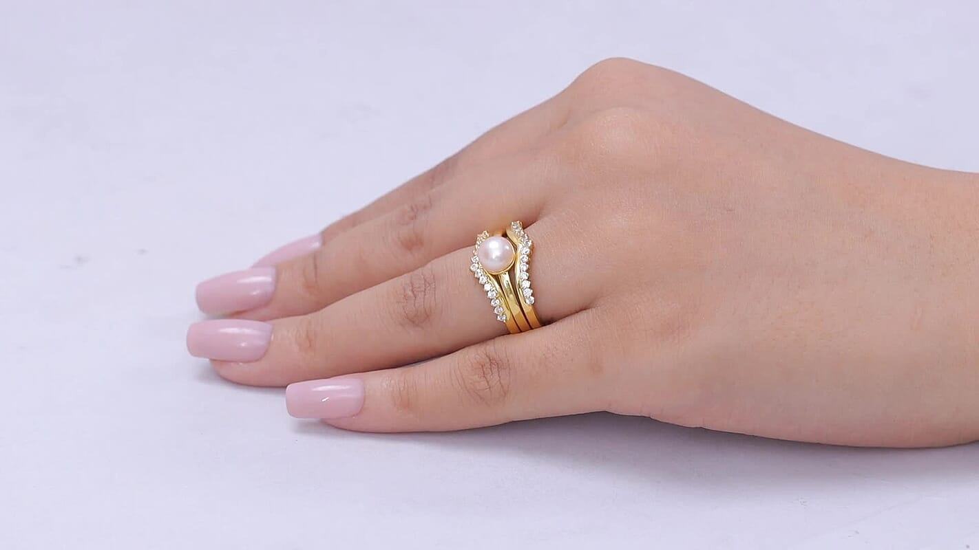 EverTrue Pink Freshwater Pearl, White Zircon Set of 2 Moonlit Grace Ring in 18K YG Plated (Size 5.0) 0.60 ctw