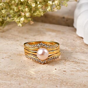 EverTrue Pink Freshwater Pearl and White Zircon 0.60 ctw Set of 2 Moonlit Grace Ring in 18K YG Plated (Size 5.0)