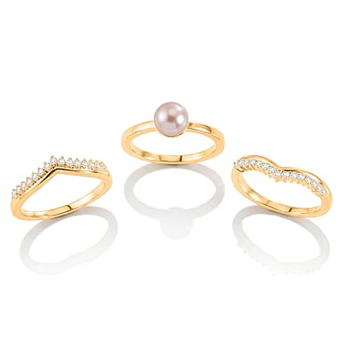 EverTrue Pink Freshwater Pearl and White Zircon 0.60 ctw Bridal Ring in 18K YG Plated (Size 5.0)