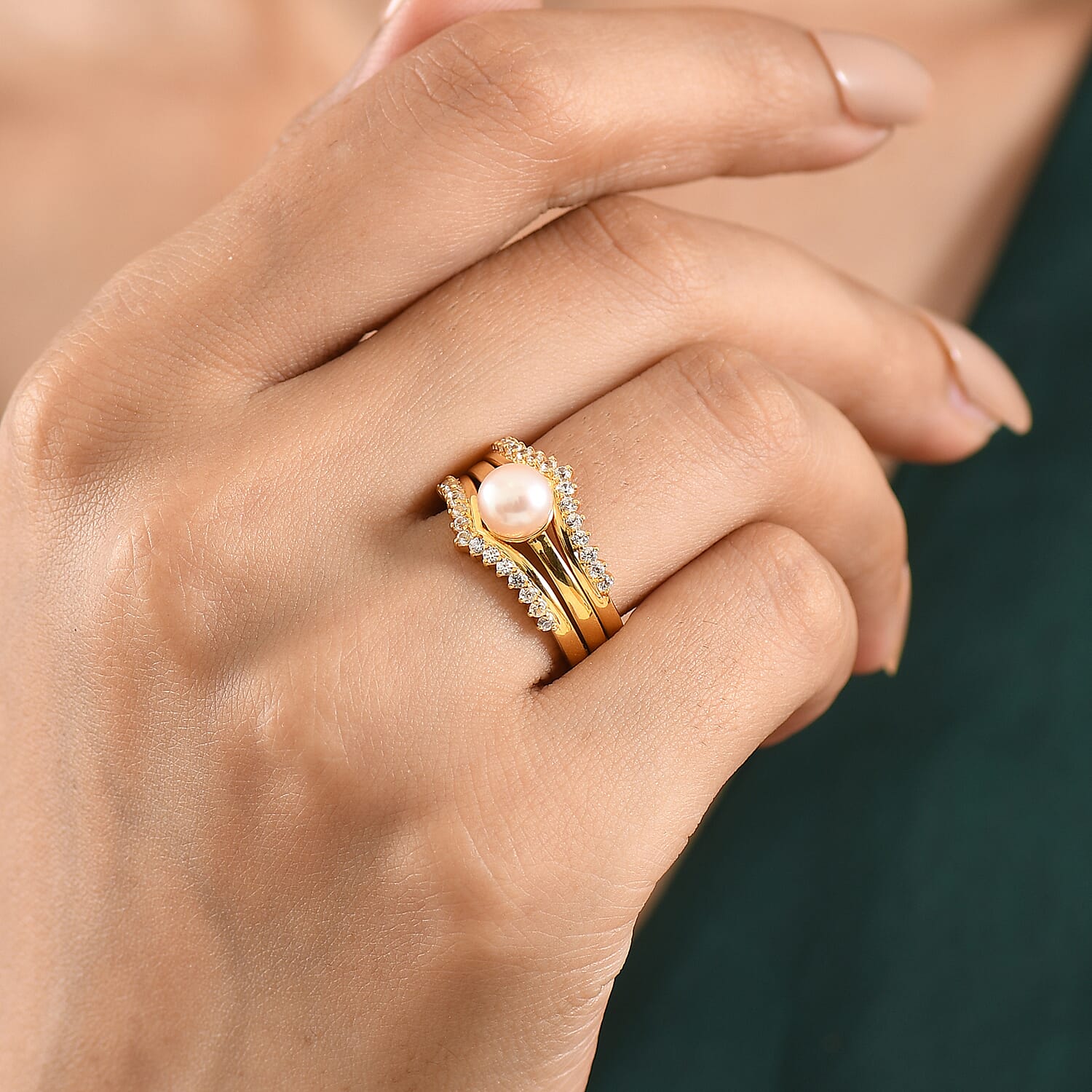 EverTrue Pink Freshwater Pearl and White Zircon 0.60 ctw Bridal Ring in 18K YG Plated (Size 6.0)