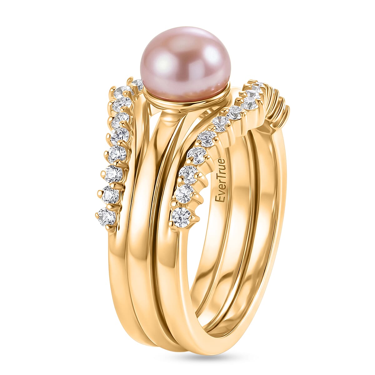 EverTrue Pink Freshwater Pearl and White Zircon 0.60 ctw Bridal Ring in 18K YG Plated (Size 6.0)