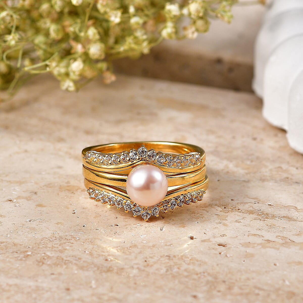 EverTrue Pink Freshwater Pearl and White Zircon 0.60 ctw Set of 2 Moonlit Grace Ring in 18K YG Plated (Size 10.0) image number 1
