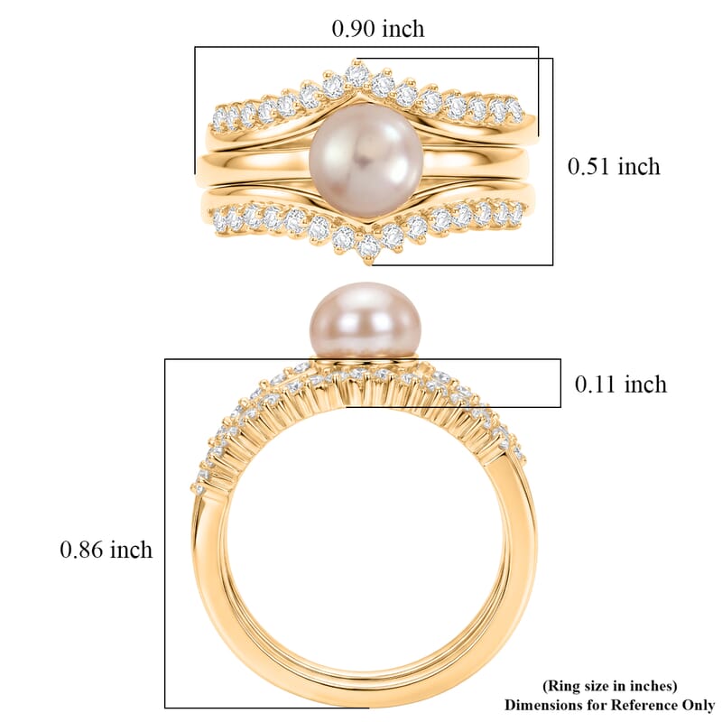 EverTrue Pink Freshwater Pearl and White Zircon 0.60 ctw Bridal Ring in 18K YG Plated (Size 10.0)