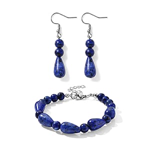 Lapis Lazuli 60.00 ctw Bracelet (7-9In) and Earrings in Stainless Steel