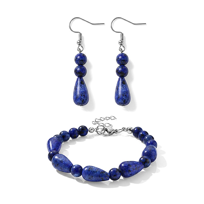 Lapis Lazuli 60.00 ctw Bracelet (7-9In) and Earrings in Stainless Steel