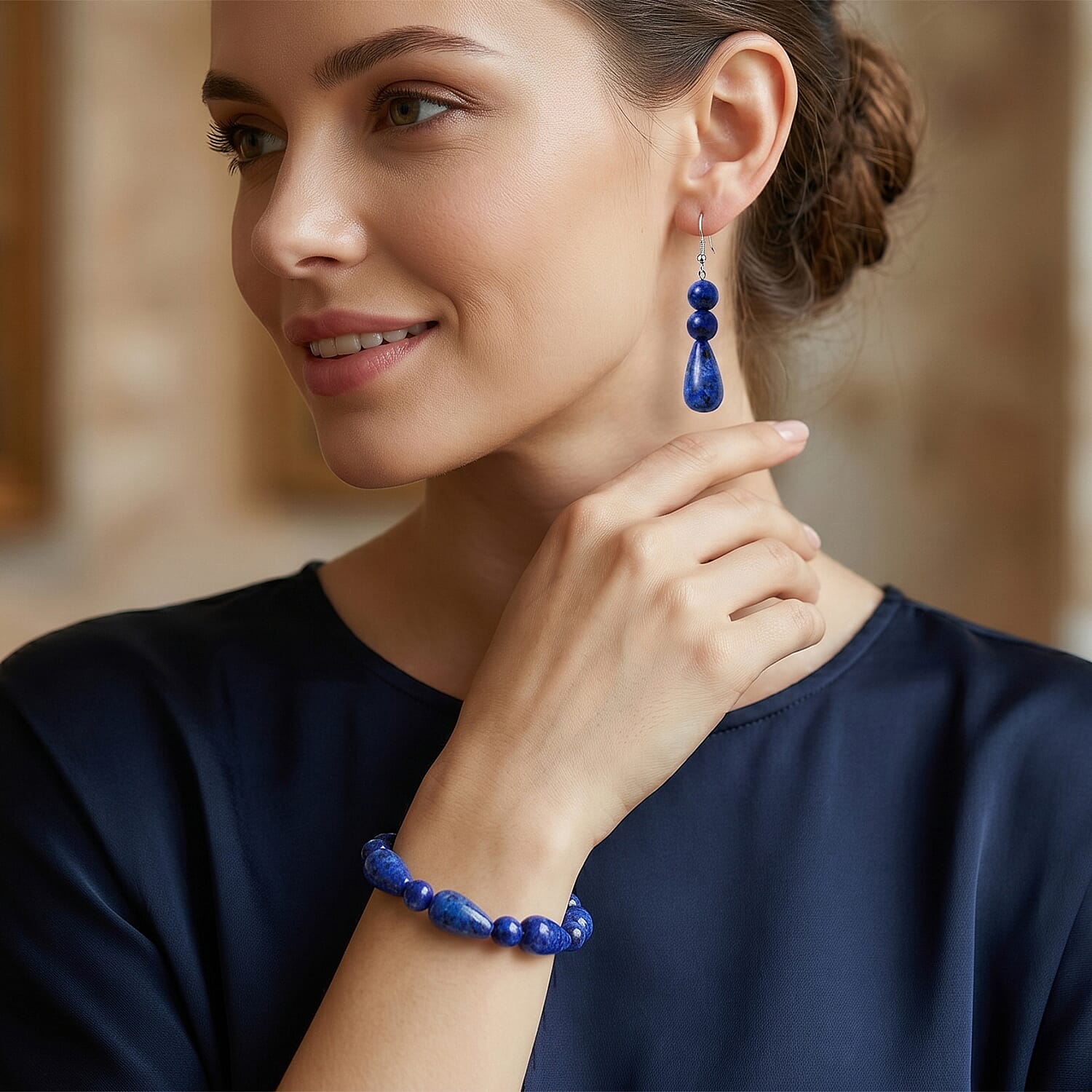 Lapis Lazuli 60.00 ctw Bracelet (7-9In) and Earrings in Stainless Steel