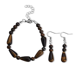 Yellow Tigers Eye 60.00 ctw Bracelet (7-9In) and Earrings in Stainless Steel