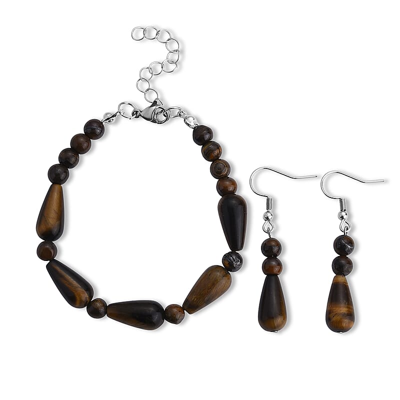 Yellow Tigers Eye 60.00 ctw Bracelet (7-9In) and Earrings in Stainless Steel